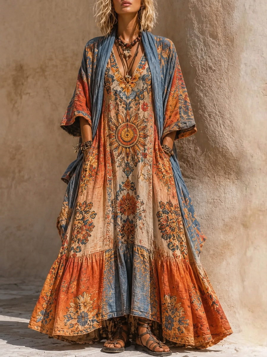 Retro Style Art Printed Vintage Camisole Dress Long Sleeve Two-Piece Maxi Dress